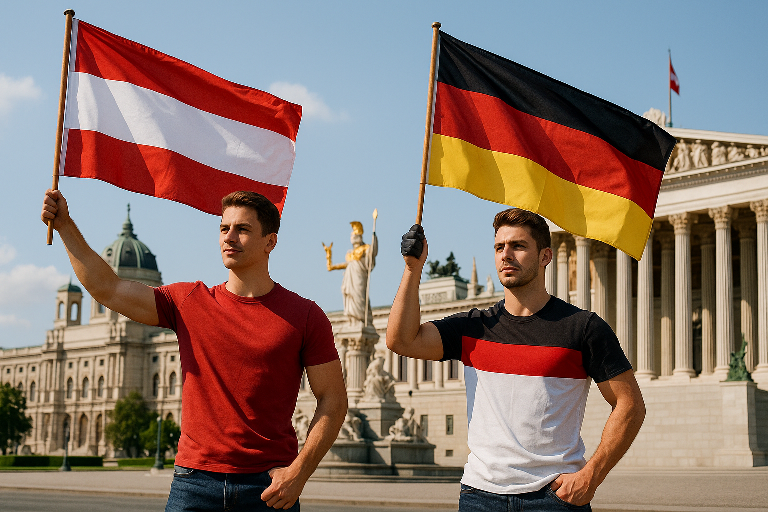 erstelle eine bild von jungen patrioten in wien sie sollen österreichische und deutschefahnen tragen es sollen junge trainierte herren sein das bild soll für die mobile version und auch für die desktop version passen#